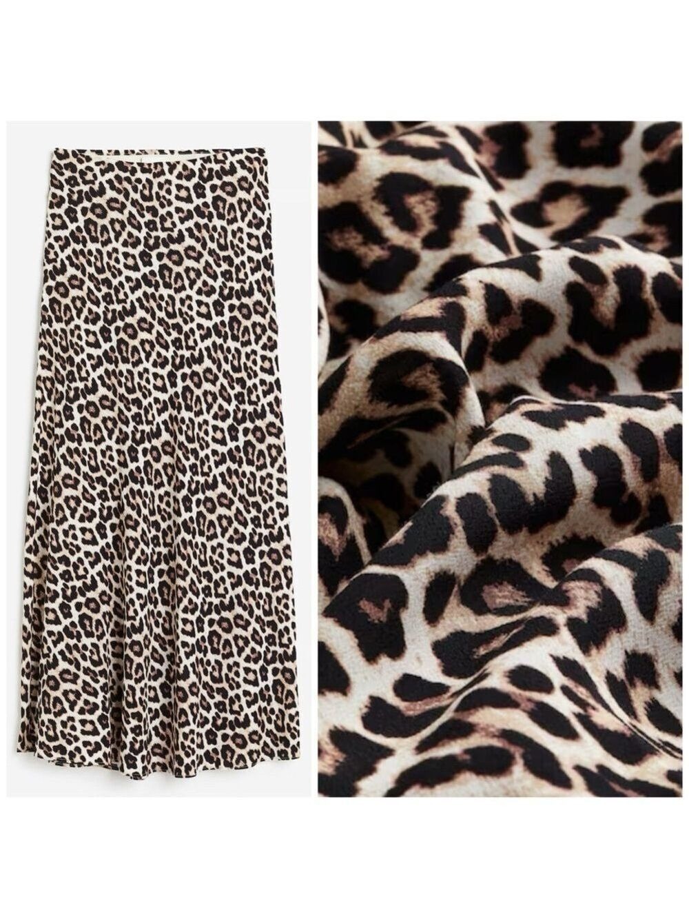 H&M Leopard Print Viscose Crepe Flowy Elastic Waist Midi Skirt